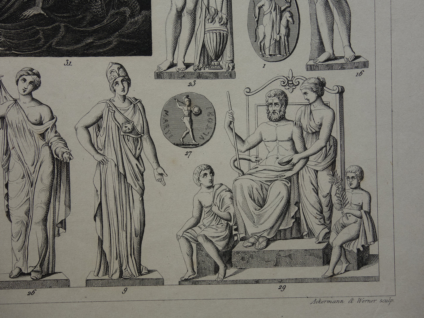 Griekse en Romeinse goden antieke print Originele 175+ jaar oude illustratie Sculpturen Minerva Diana Venus vintage religie prenten oudheid