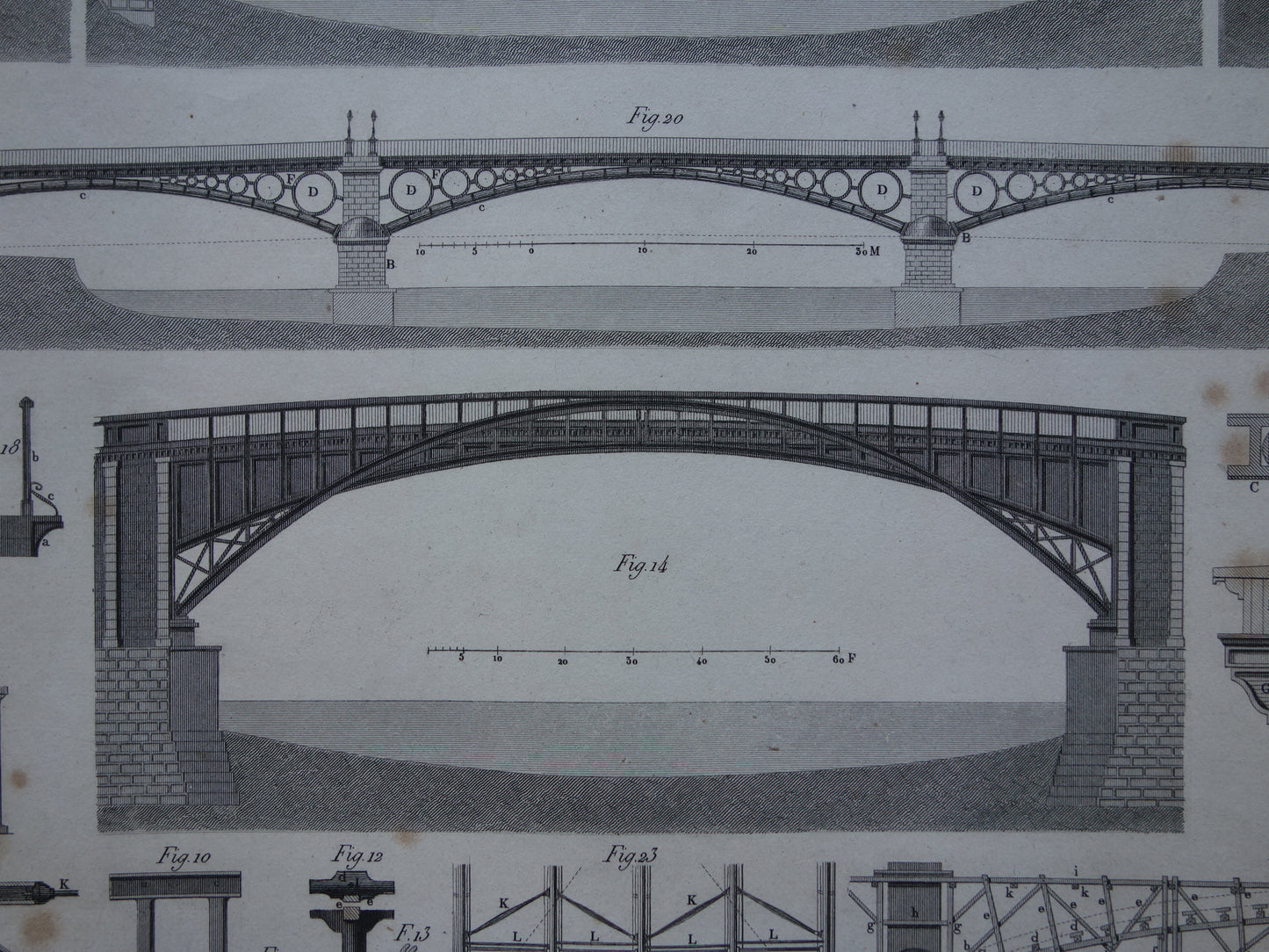 BRUGGEN Antieke illustratie 1849 Bruggenbouw Brug Architectuur prent oude vintage prints