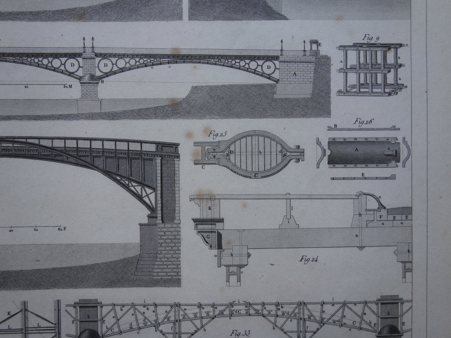 BRUGGEN Antieke illustratie 1849 Bruggenbouw Brug Architectuur prent oude vintage prints