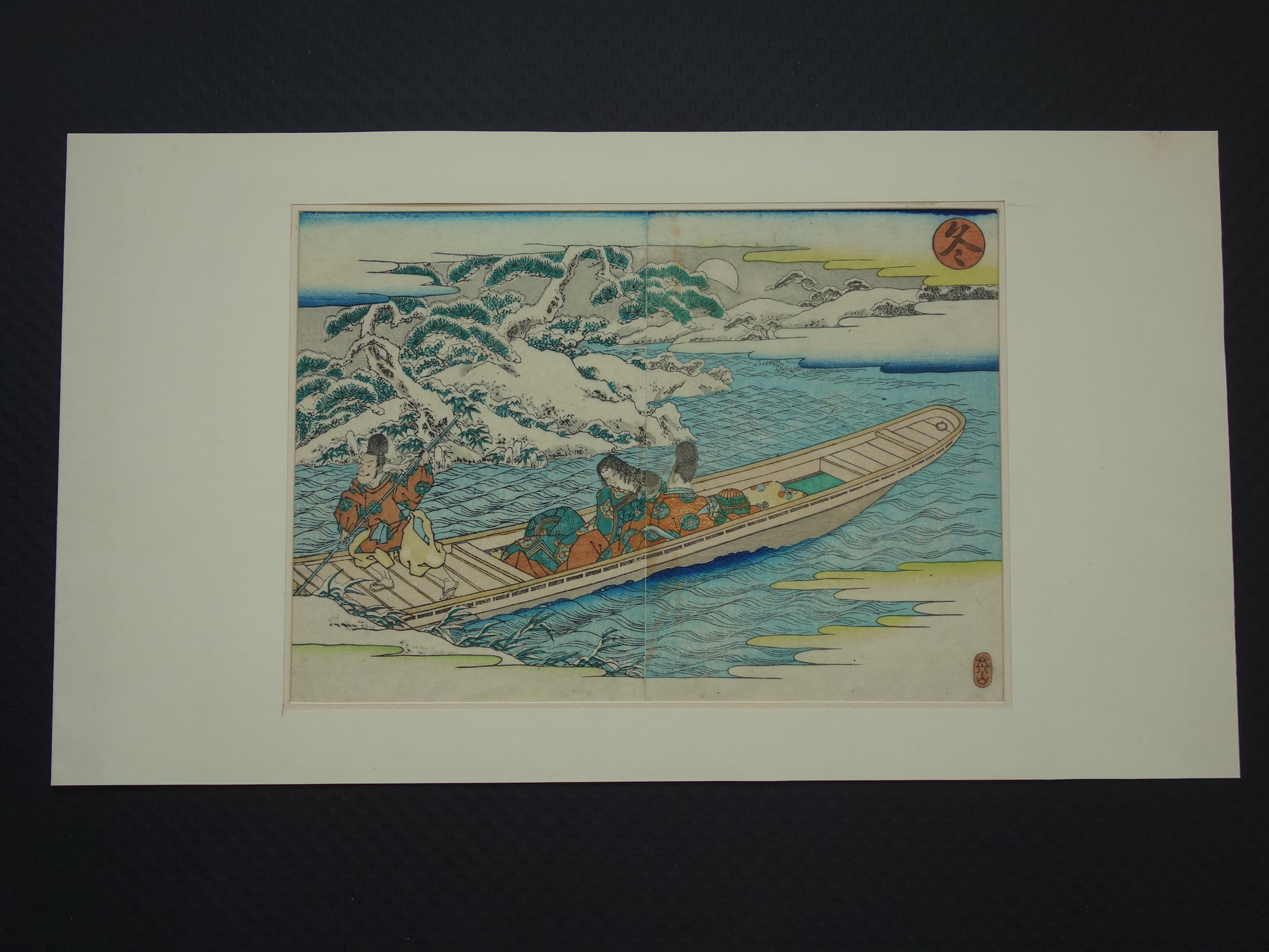 Oude Japanse prent van Kikukawa Eizan met boot in winter landschap Originele vintage houtsnede / boekblad ukiyo-e