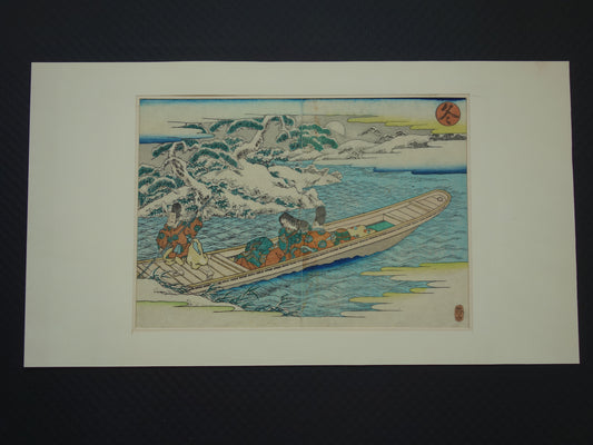 Oude Japanse prent van Kikukawa Eizan met boot in winter landschap Originele vintage houtsnede / boekblad ukiyo-e