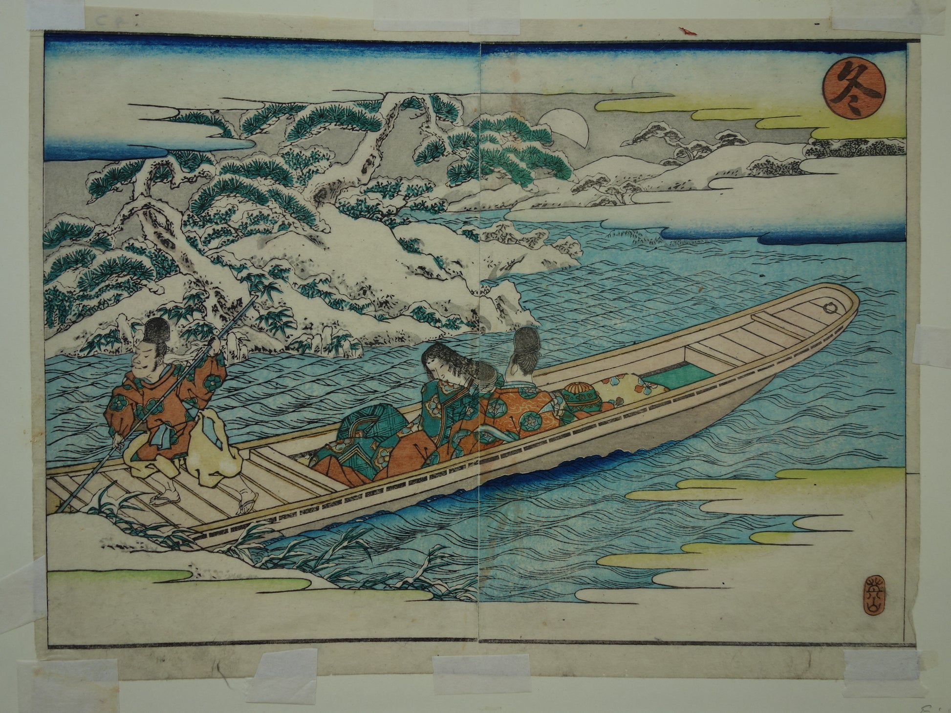 Kikukawa Eizan ukiyo-e Japanese boat in winter scenery original antique print for sale