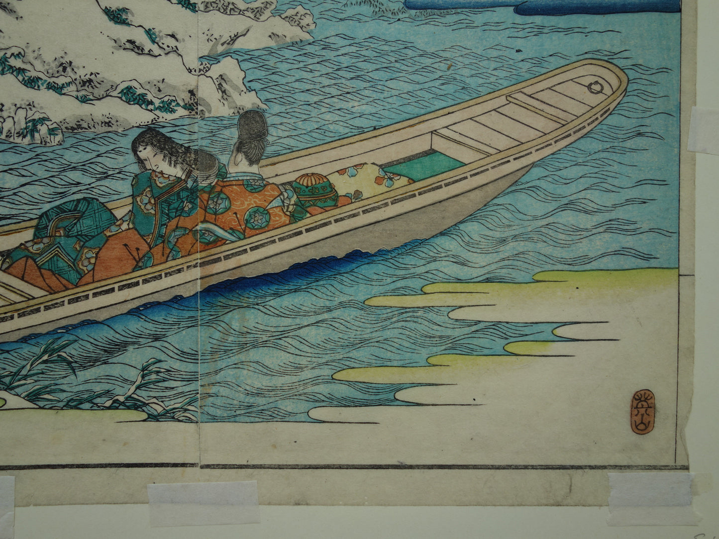 Oude Japanse prent van Kikukawa Eizan met boot in winter landschap Originele vintage houtsnede / boekblad ukiyo-e