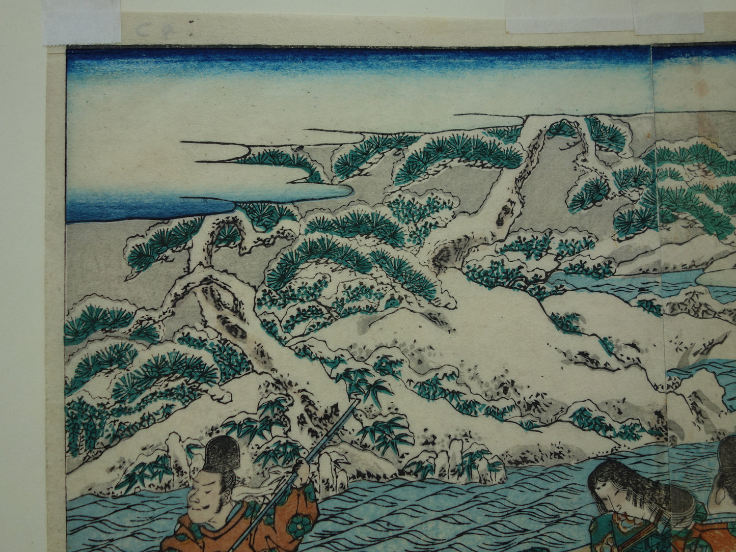 Oude Japanse prent van Kikukawa Eizan met boot in winter landschap Originele vintage houtsnede / boekblad ukiyo-e