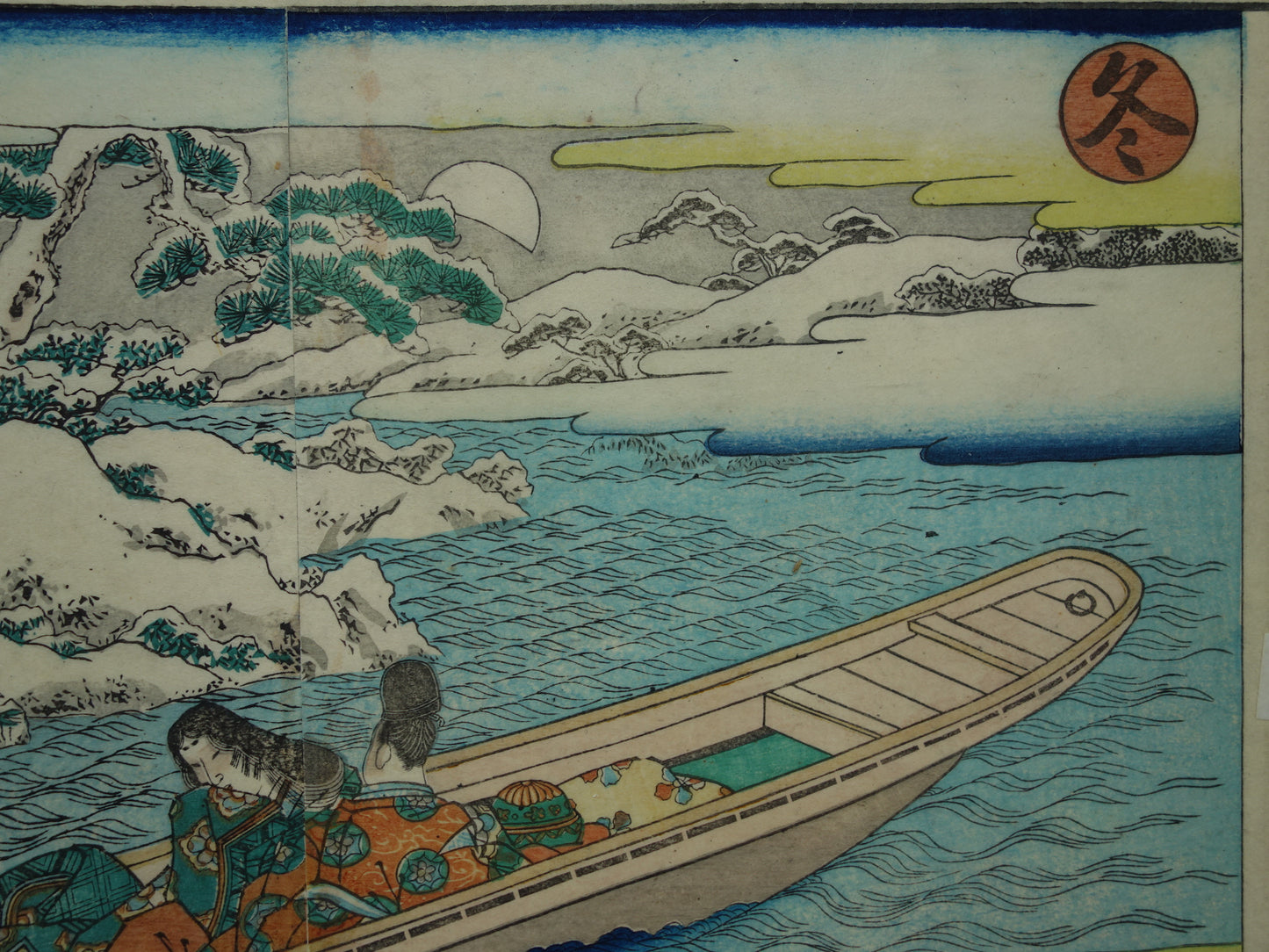 Oude Japanse prent van Kikukawa Eizan met boot in winter landschap Originele vintage houtsnede / boekblad ukiyo-e