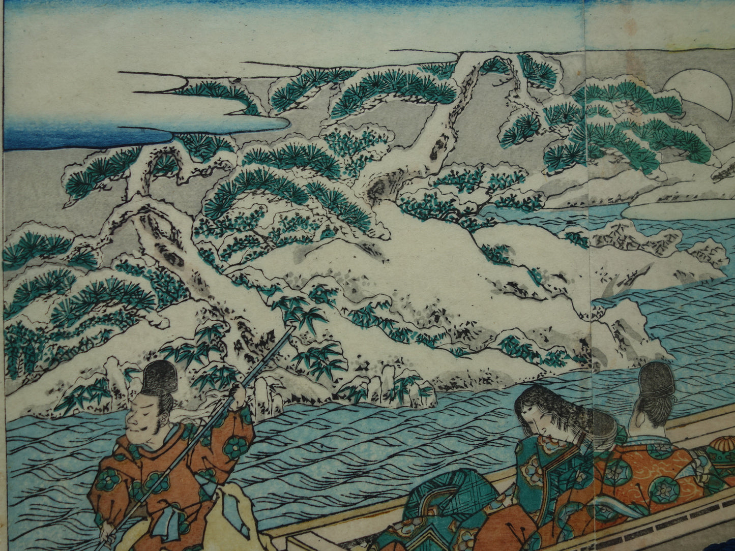 Oude Japanse prent van Kikukawa Eizan met boot in winter landschap Originele vintage houtsnede / boekblad ukiyo-e