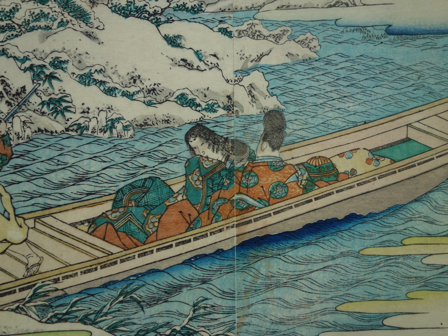 Oude Japanse prent van Kikukawa Eizan met boot in winter landschap Originele vintage houtsnede / boekblad ukiyo-e