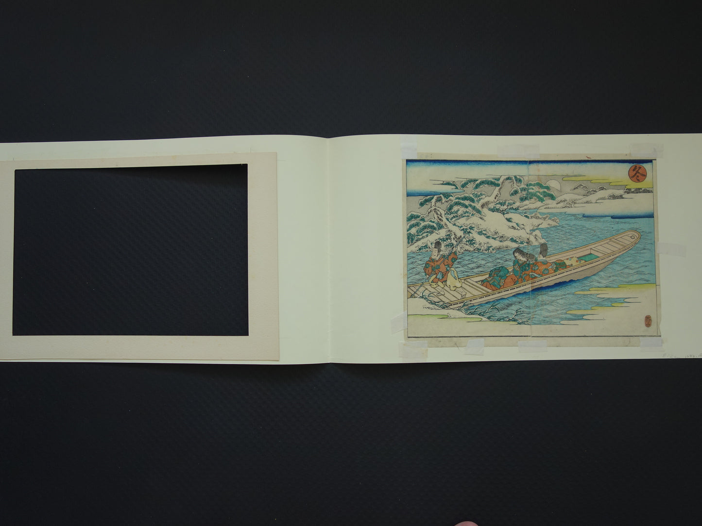 Oude Japanse prent van Kikukawa Eizan met boot in winter landschap Originele vintage houtsnede / boekblad ukiyo-e