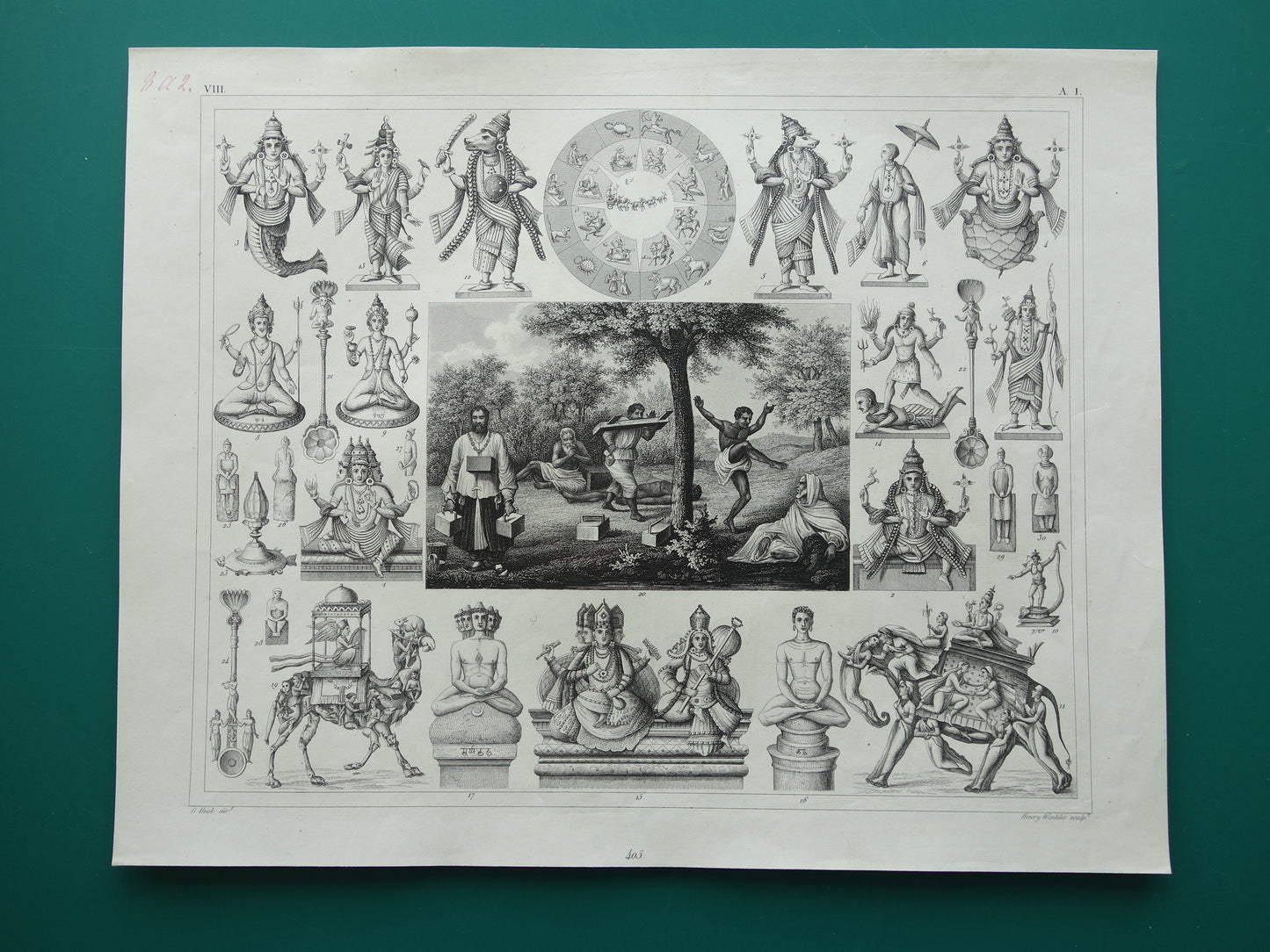 Hindoeïsme antieke print Originele 175+ jaar oude prent illustratie Vishnu Hindoe Goden Goden Monniken Rituelen vintage religie prints