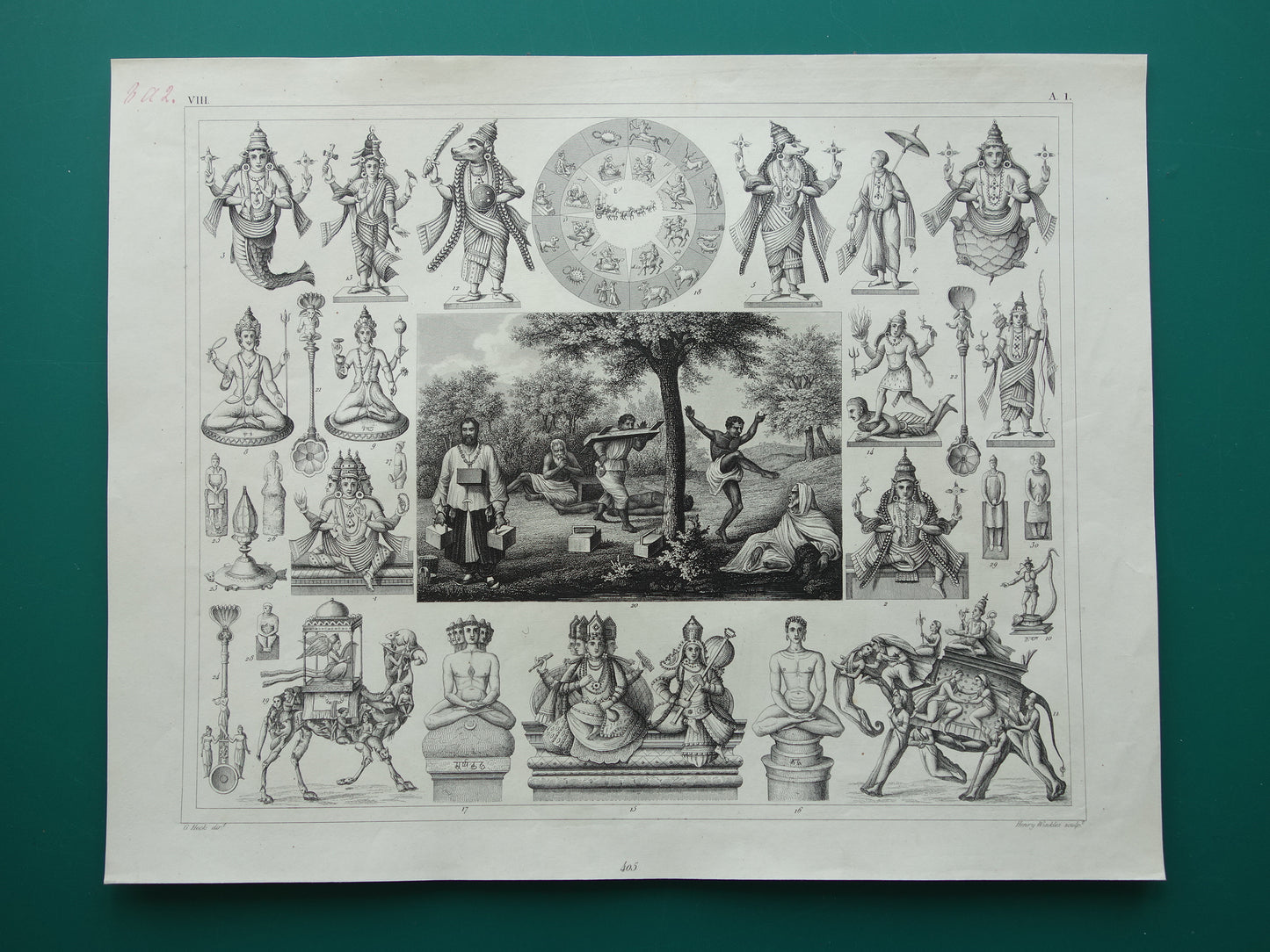 Hindoeïsme antieke print Originele 175+ jaar oude prent illustratie Vishnu Hindoe Goden Goden Monniken Rituelen vintage religie prints