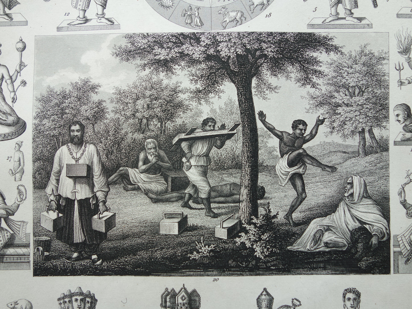 Hindoeïsme antieke print Originele 175+ jaar oude prent illustratie Vishnu Hindoe Goden Goden Monniken Rituelen vintage religie prints
