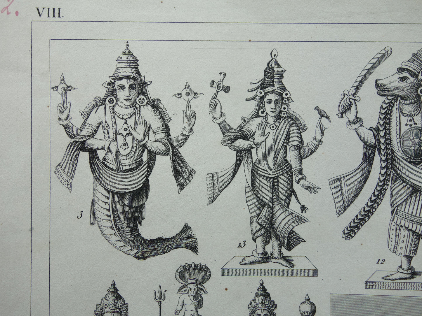 Hindoeïsme antieke print Originele 175+ jaar oude prent illustratie Vishnu Hindoe Goden Goden Monniken Rituelen vintage religie prints