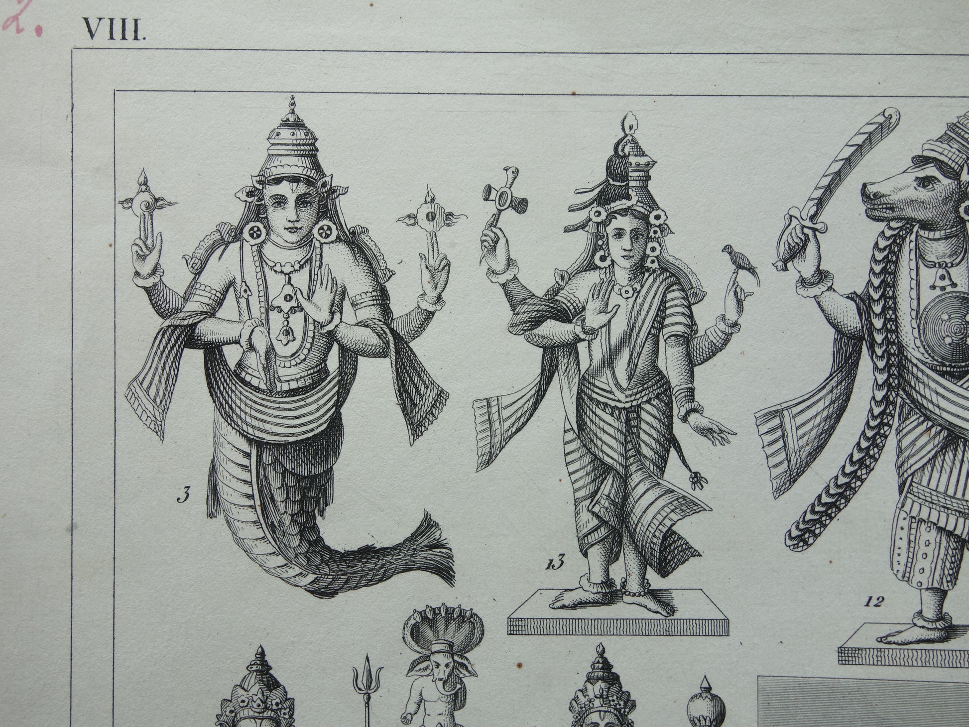 Hindoeïsme antieke print Originele 175+ jaar oude prent illustratie Vishnu Hindoe Goden Goden Monniken Rituelen vintage religie prints