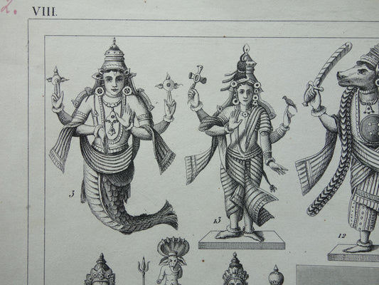 Hindoeïsme antieke print Originele 175+ jaar oude prent illustratie Vishnu Hindoe Goden Goden Monniken Rituelen vintage religie prints