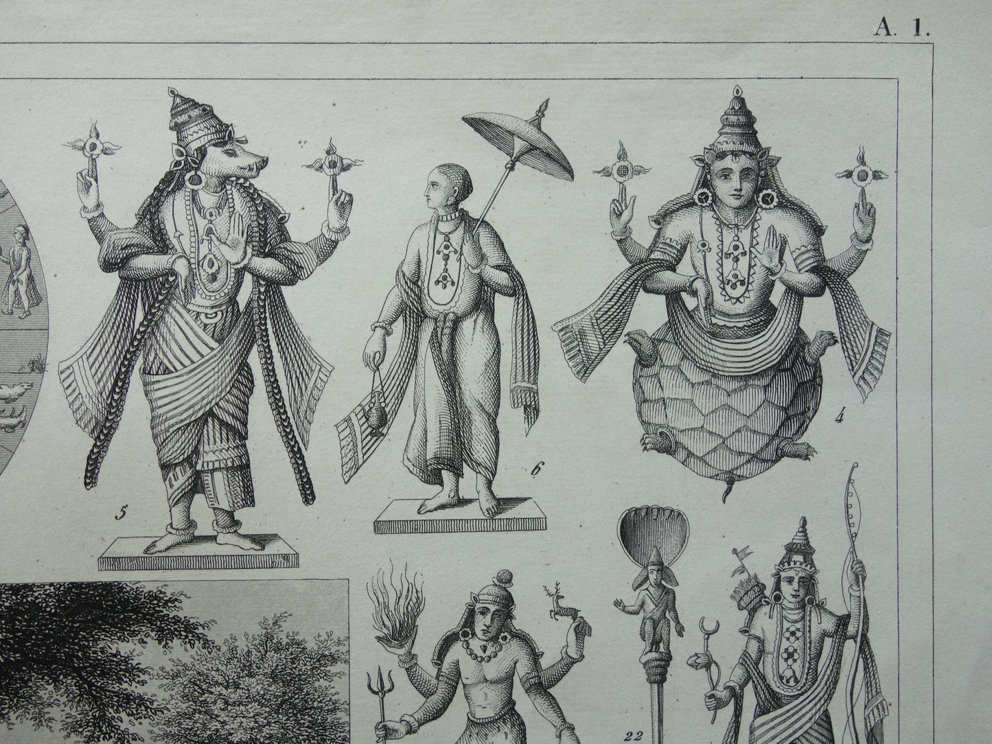 Hindoeïsme antieke print Originele 175+ jaar oude prent illustratie Vishnu Hindoe Goden Goden Monniken Rituelen vintage religie prints
