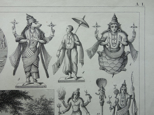 Hindoeïsme antieke print Originele 175+ jaar oude prent illustratie Vishnu Hindoe Goden Goden Monniken Rituelen vintage religie prints