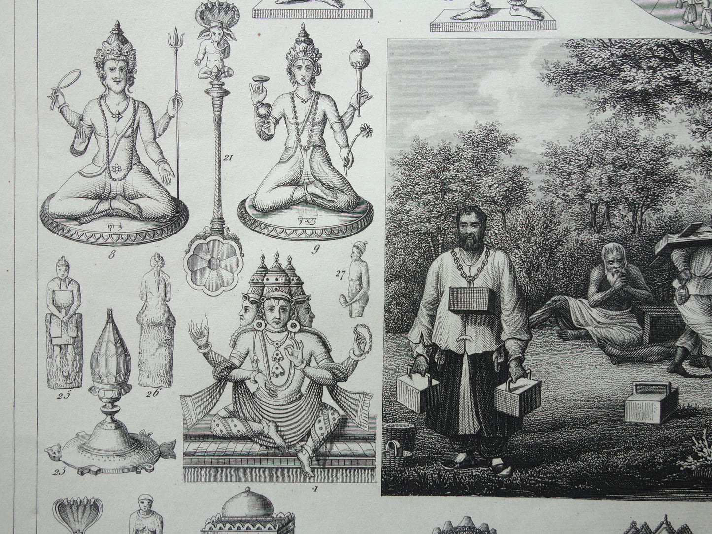 Hindoeïsme antieke print Originele 175+ jaar oude prent illustratie Vishnu Hindoe Goden Goden Monniken Rituelen vintage religie prints