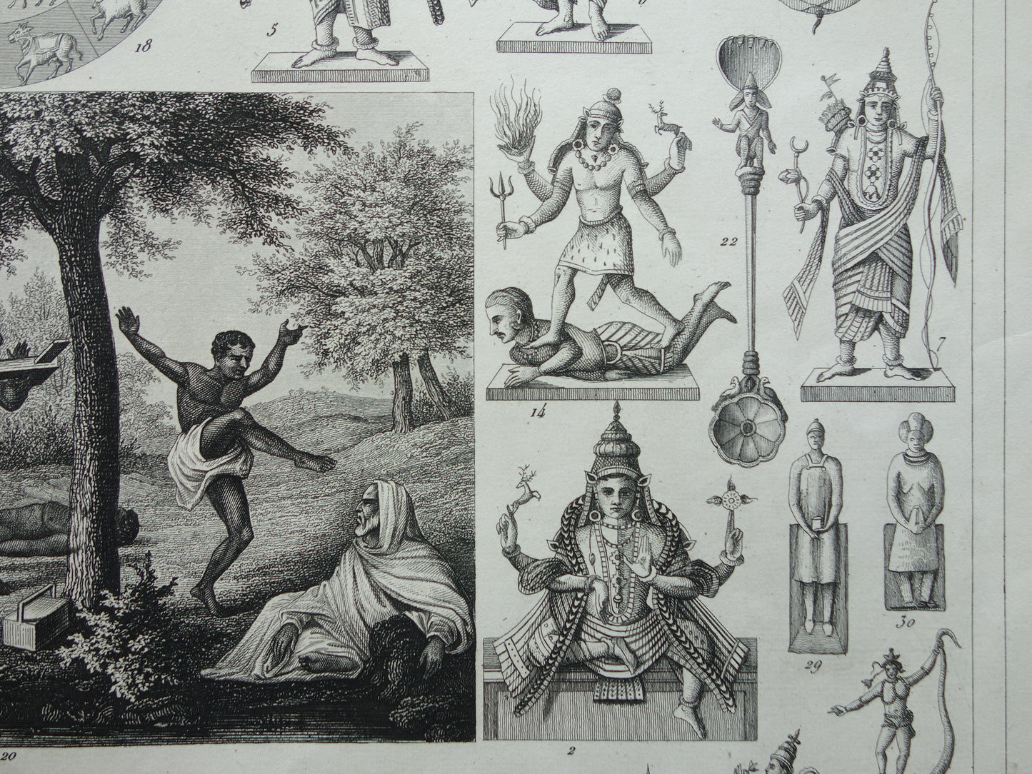 Hindoeïsme antieke print Originele 175+ jaar oude prent illustratie Vishnu Hindoe Goden Goden Monniken Rituelen vintage religie prints