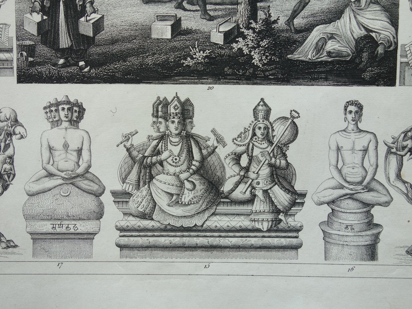 Hindoeïsme antieke print Originele 175+ jaar oude prent illustratie Vishnu Hindoe Goden Goden Monniken Rituelen vintage religie prints