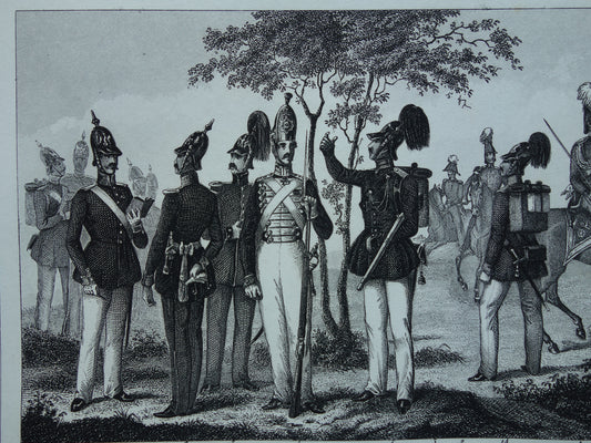 antieke gravure Duitse en Franse Infanterie mid 19e eeuw - oude militaire illustratie - vintage afbeelding uniformen leger Frankrijk Duitsland print