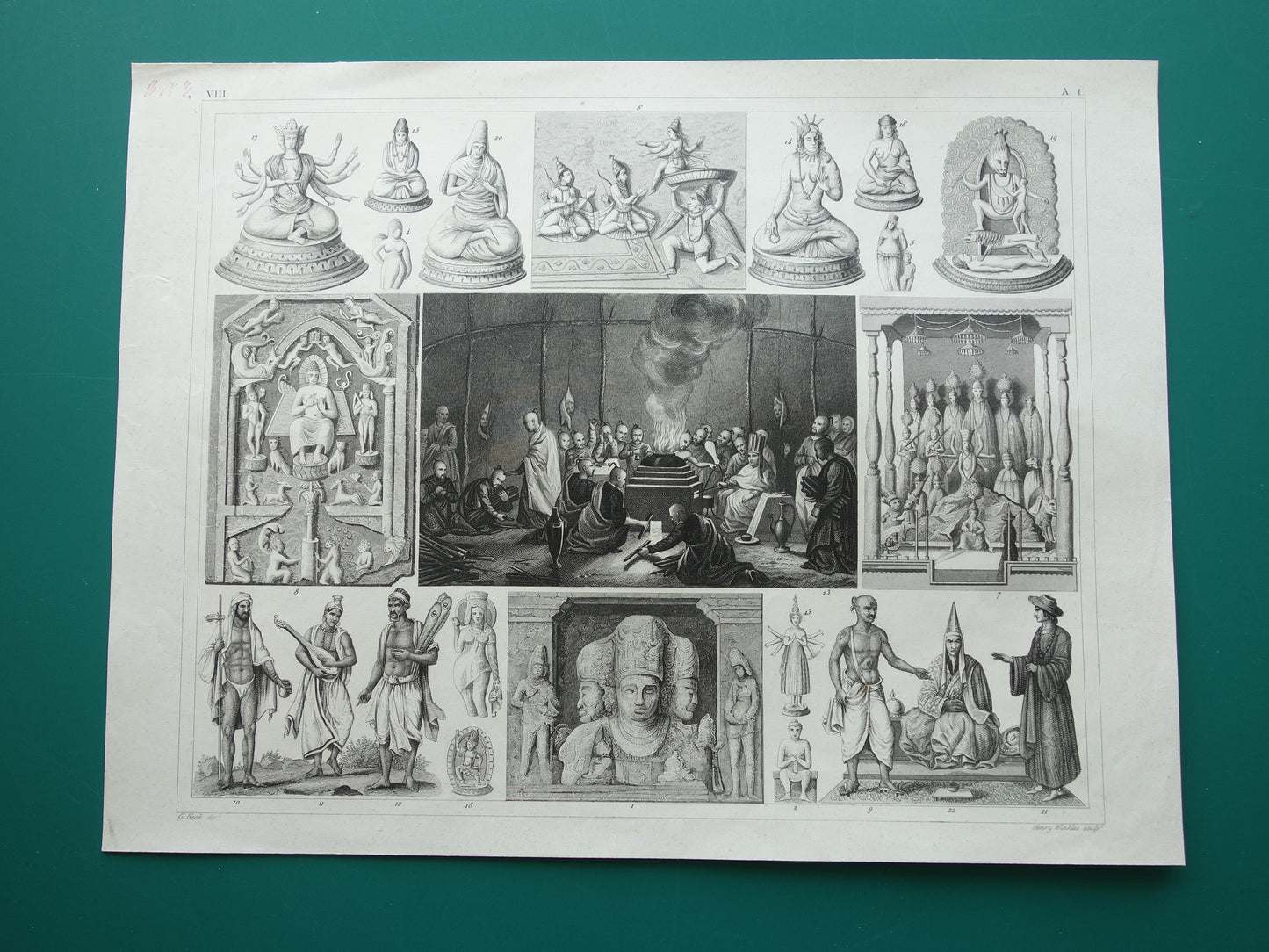 Antique print Oriental religions 1849 original vintage illustration gods Buddhism old print Hinduism