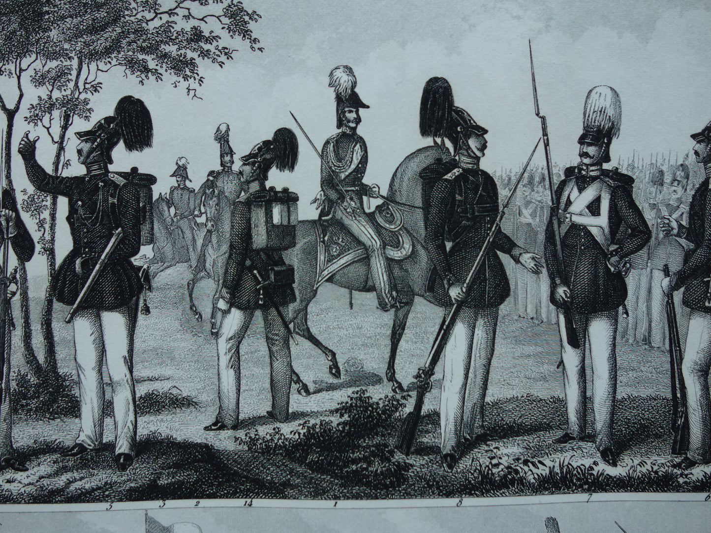 antieke gravure Duitse en Franse Infanterie mid 19e eeuw - oude militaire illustratie - vintage afbeelding uniformen leger Frankrijk Duitsland print