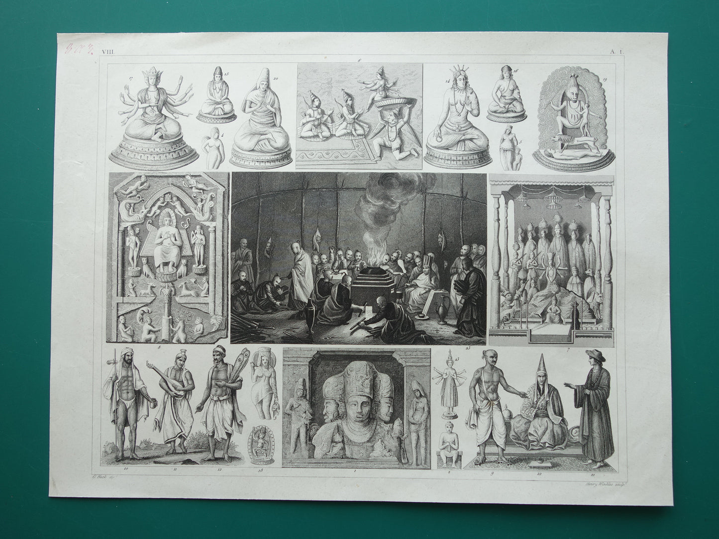 Antique print Oriental religions 1849 original vintage illustration gods Buddhism old print Hinduism
