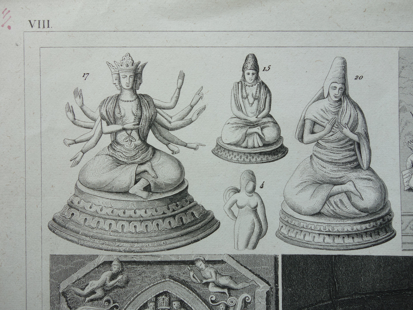 Antieke prent Oosterse religies 1849 originele vintage illustratie goden Boeddhisme oude print Hindoeïsme