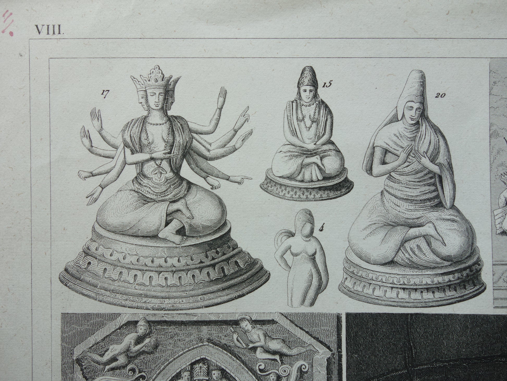 Antieke prent Oosterse religies 1849 originele vintage illustratie goden Boeddhisme oude print Hindoeïsme
