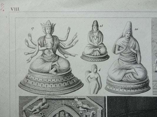 Antieke prent Oosterse religies 1849 originele vintage illustratie goden Boeddhisme oude print Hindoeïsme