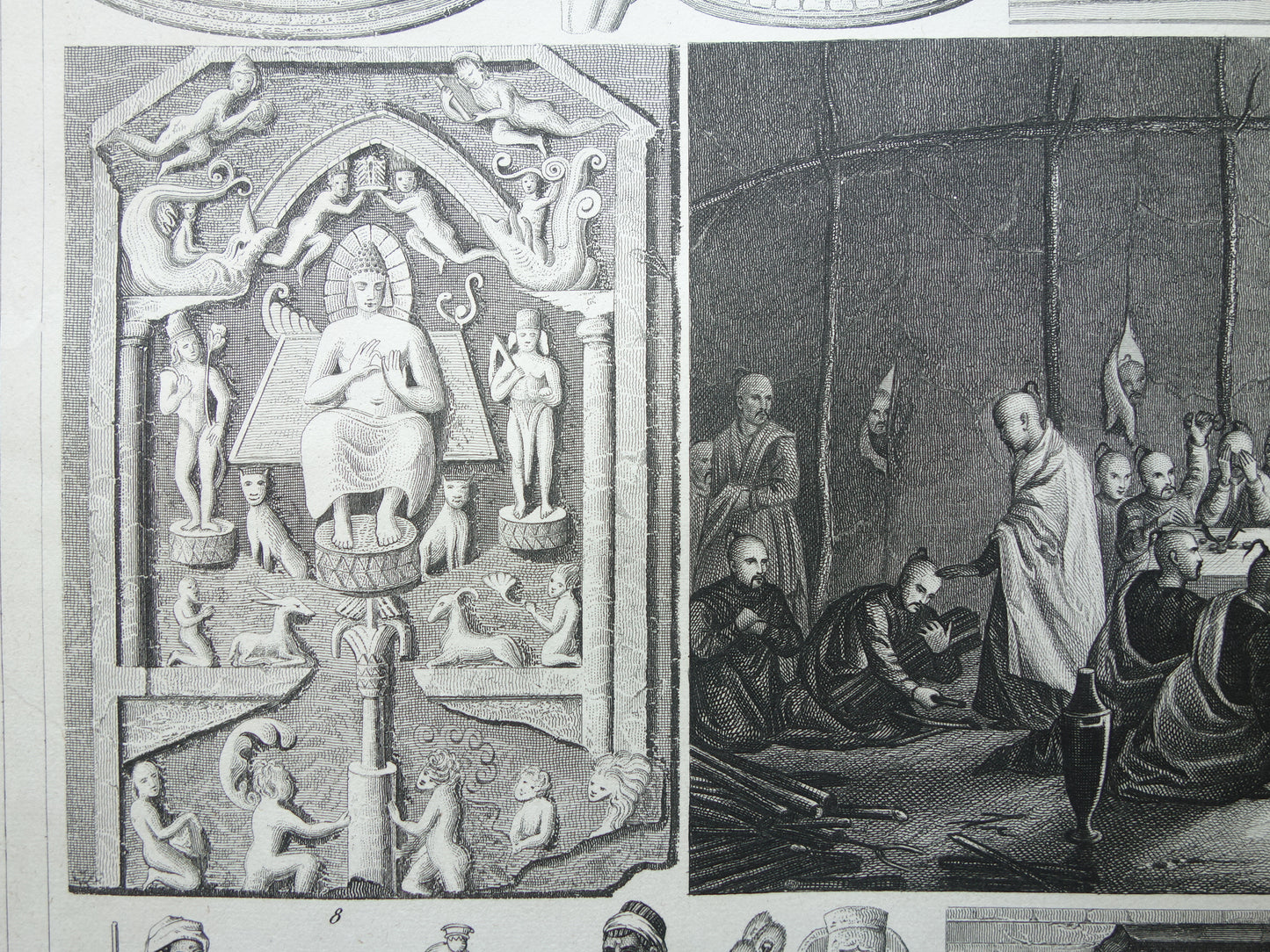 Antique print Oriental religions 1849 original vintage illustration gods Buddhism old print Hinduism