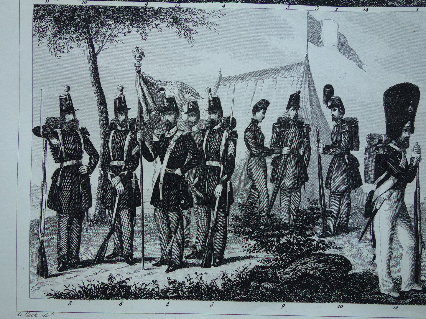 antieke gravure Duitse en Franse Infanterie mid 19e eeuw - oude militaire illustratie - vintage afbeelding uniformen leger Frankrijk Duitsland print