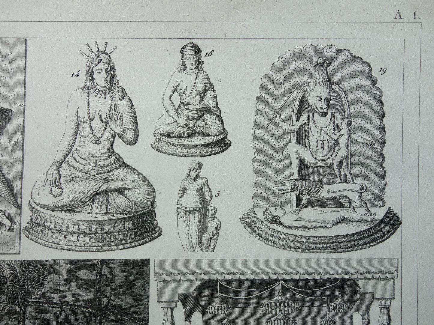 Antique print Oriental religions 1849 original vintage illustration gods Buddhism old print Hinduism