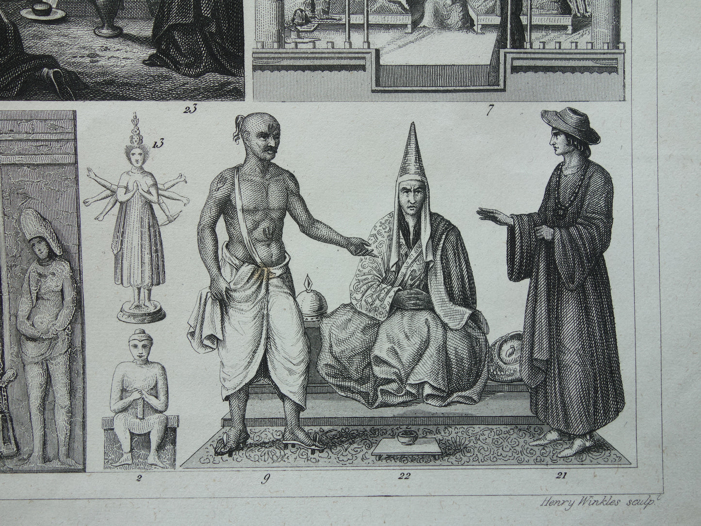 Antique print Oriental religions 1849 original vintage illustration gods Buddhism old print Hinduism