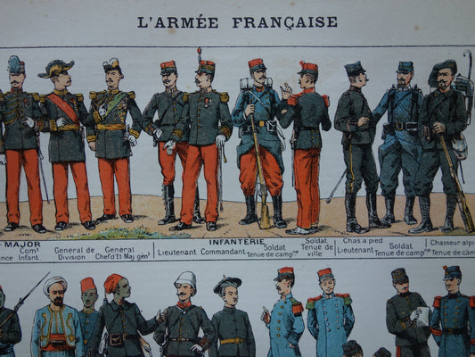 Franse Legeruniformen Oude prent van Leger Uniformen Frankrijk originele antieke illustratie Uniform pre WWI vintage afbeelding set van twee prints