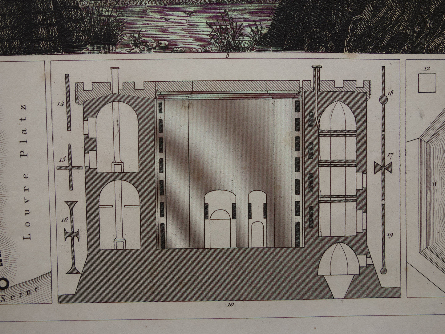 FESTUNG aus dem Mittelalter, alter Druck über historische Festungen – originale antike Militärillustration Louvre Bastille Paris – Armeedruck