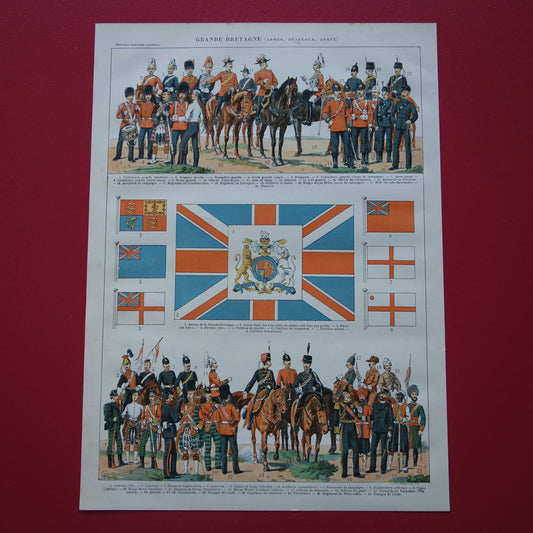 Oude prent van Engelse Leger Uniformen en Vlaggen originele antieke illustratie Groot-Britannië Engeland Vlag Uniform vintage afbeelding prints