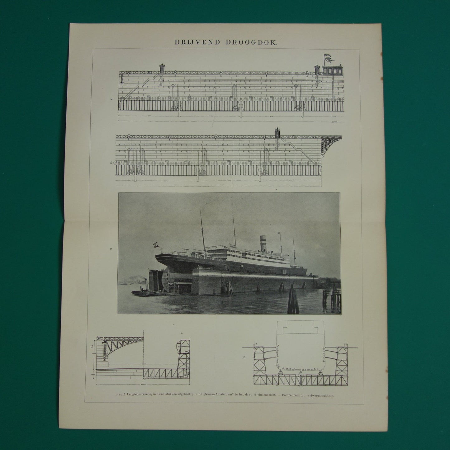 DROOGDOK oude technologie prent uit 1907 over drijvend droogdok Originele antieke Nederlandse illustratie print scheepsbouw scheepswerf