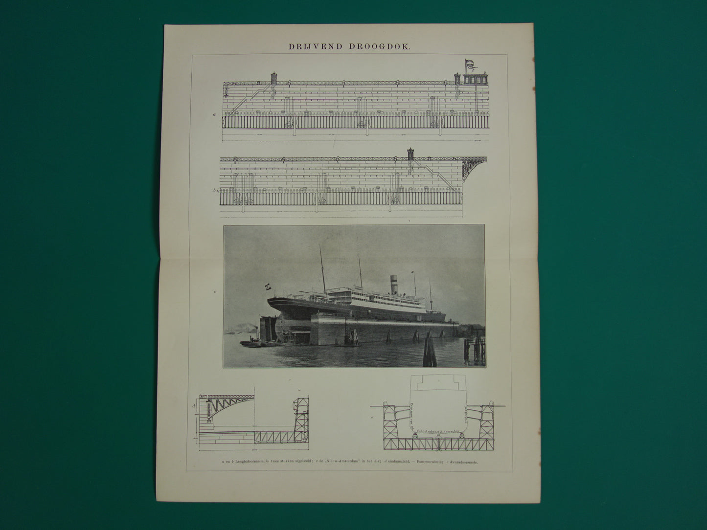 DROOGDOK oude technologie prent uit 1907 over drijvend droogdok Originele antieke Nederlandse illustratie print scheepsbouw scheepswerf