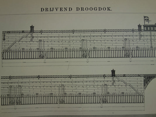 DROOGDOK oude technologie prent uit 1907 over drijvend droogdok Originele antieke Nederlandse illustratie print scheepsbouw scheepswerf