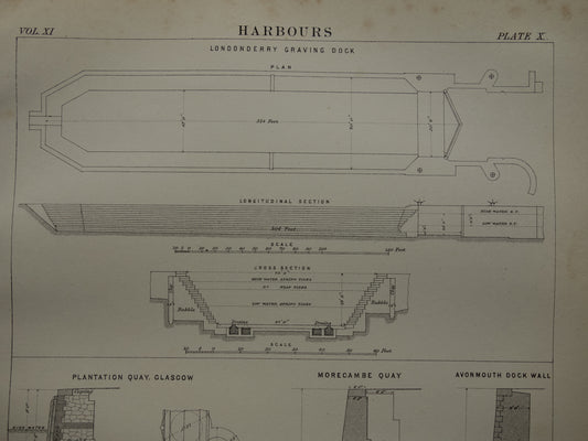 Old print about construction harbors piers quays in England vintage image prints harbor dock caisson quay pier