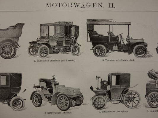 OLDTIMERS print van oude klassieke auto's 1905 originele vintage prent van Landaulet Dixi Limousine Stoom Oldtimer technologie prints illustratie