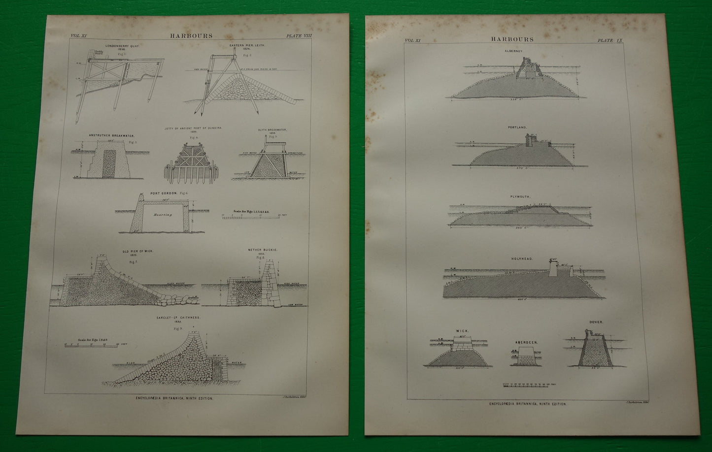 Oude prent over constructie havens pieren kades in Engeland vintage afbeelding prints haven Dover Wick Plymouth kade pier