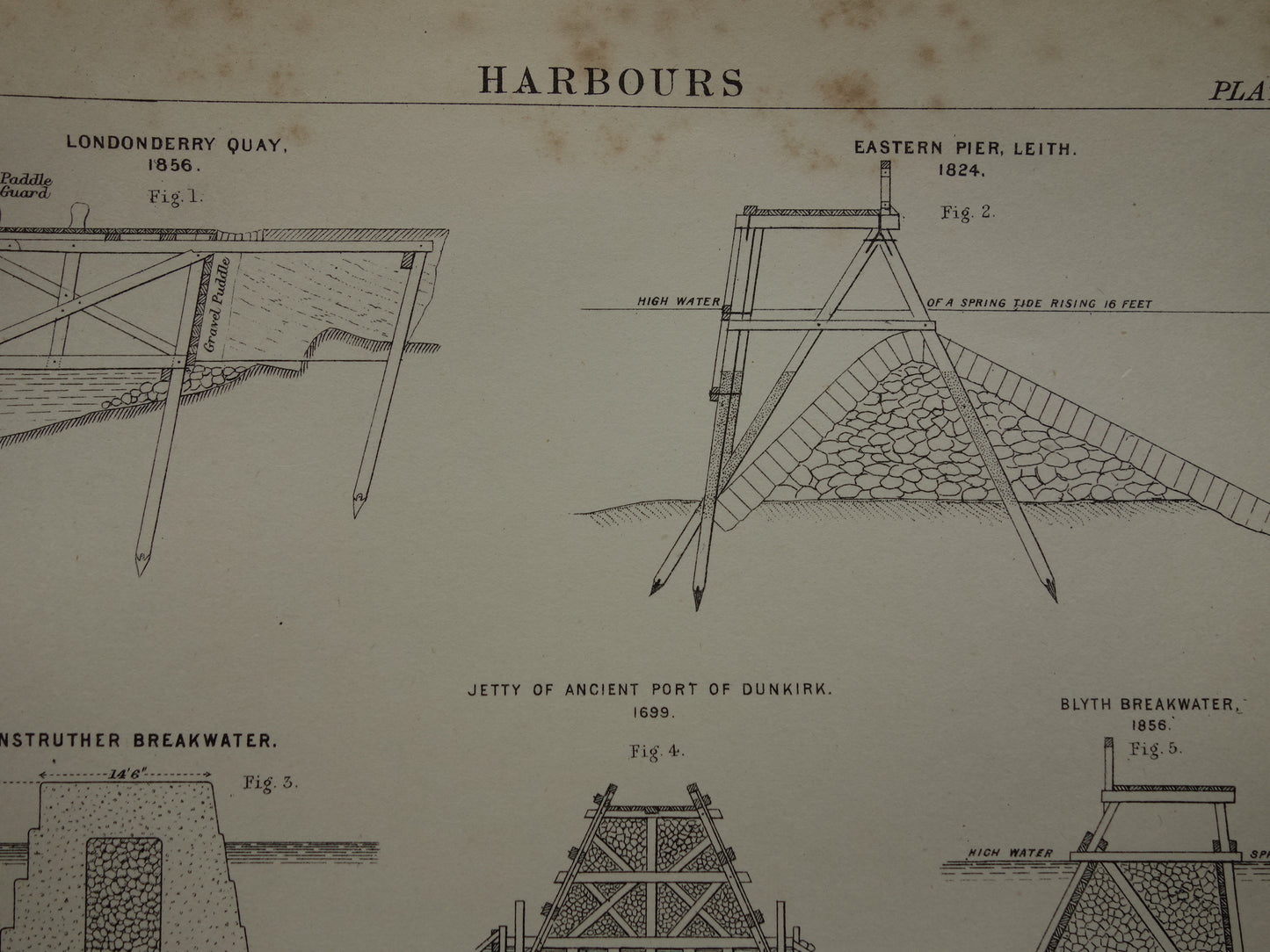 Oude prent over constructie havens pieren kades in Engeland vintage afbeelding prints haven Dover Wick Plymouth kade pier