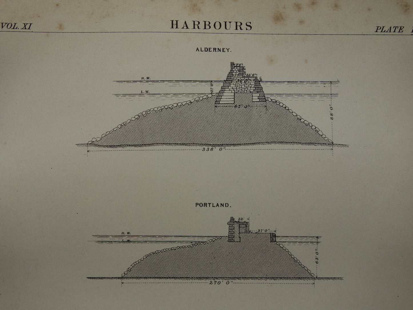 Oude prent over constructie havens pieren kades in Engeland vintage afbeelding prints haven Dover Wick Plymouth kade pier