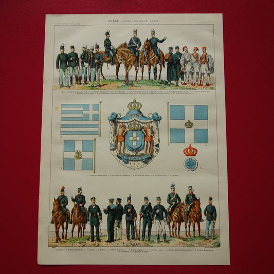 GRIEKENLAND Oude prent van Griekse Legeruniformen en vlaggen originele antieke illustratie Leger Vlag Uniform pre WWI vintage afbeelding prints