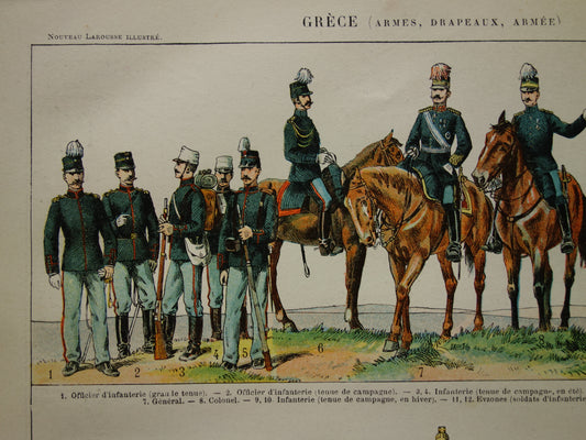 GRIEKENLAND Oude prent van Griekse Legeruniformen en vlaggen originele antieke illustratie Leger Vlag Uniform pre WWI vintage afbeelding prints