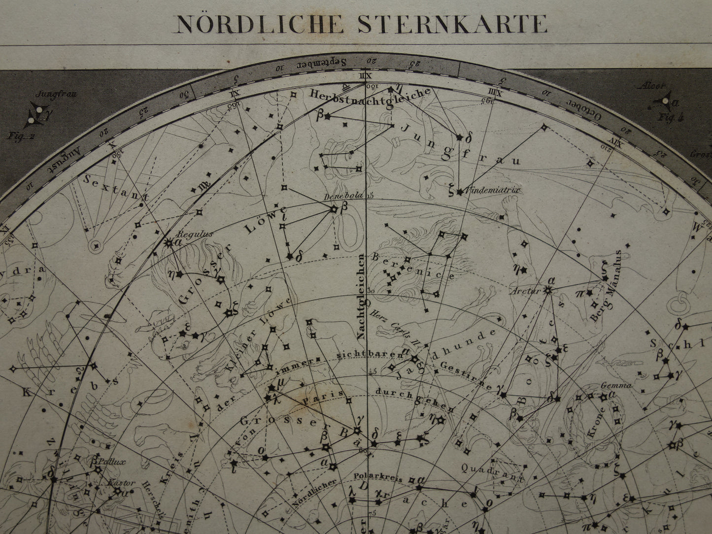 Oude Astronomie prent van de Noordelijke sterrenhemel 1849 originele antieke print sterren en sterrenbeelden hemel