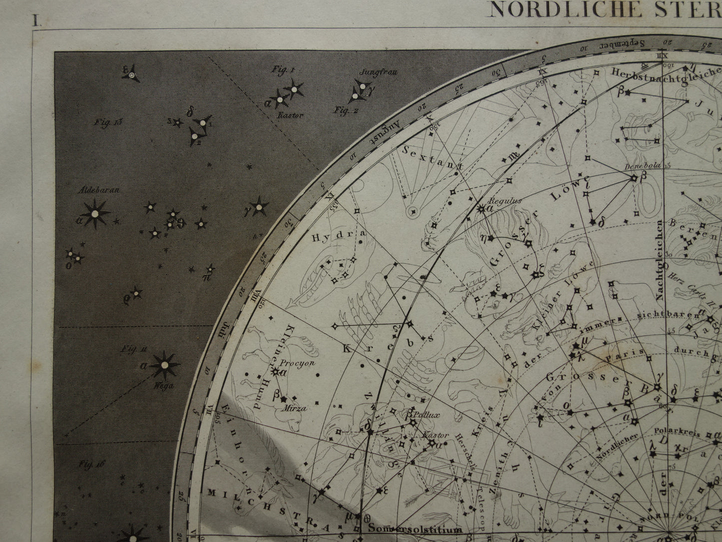 Oude Astronomie prent van de Noordelijke sterrenhemel 1849 originele antieke print sterren en sterrenbeelden hemel