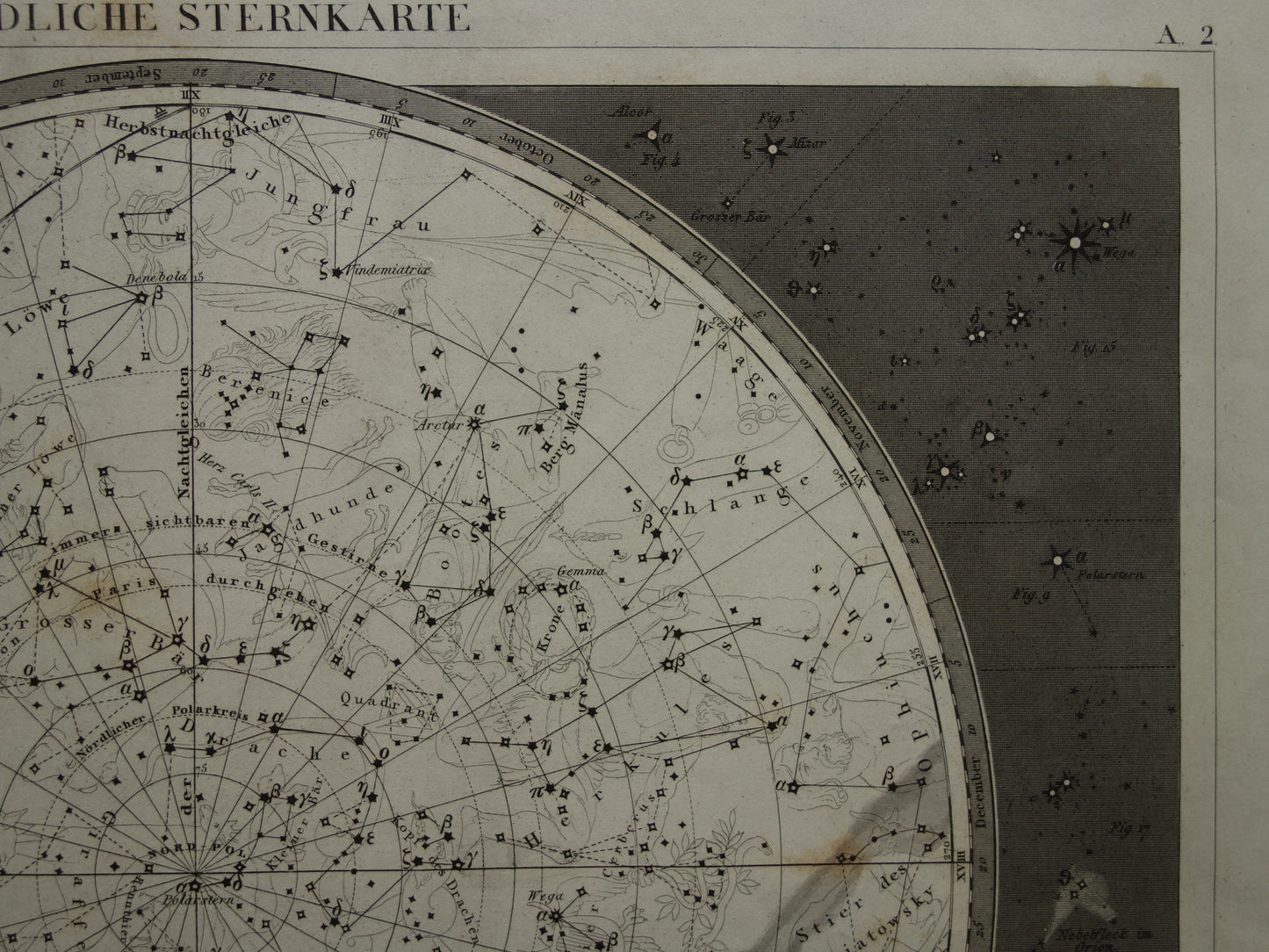 Oude Astronomie prent van de Noordelijke sterrenhemel 1849 originele antieke print sterren en sterrenbeelden hemel